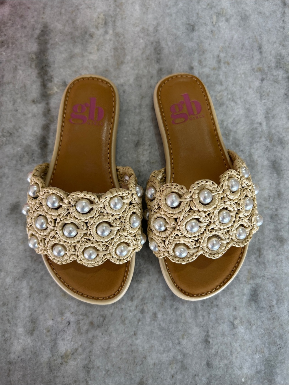 GB Girls Tan Crochet Slide Sandals with Pearl Accents Size 11M